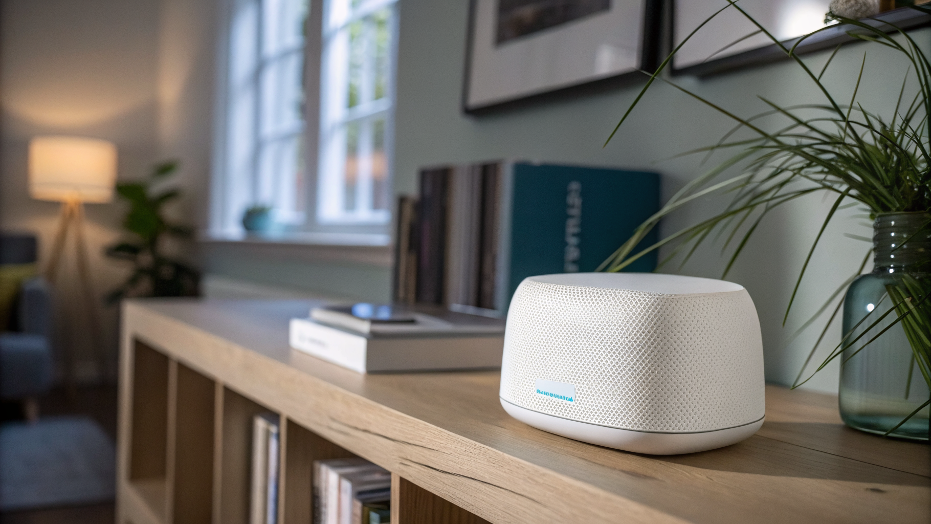 Mesh Wi-Fi router on a shelf in a modern UK home